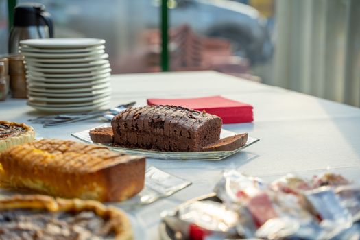 Freshly baked bread loaf on a table, perfect for breakfast or brunch settings.