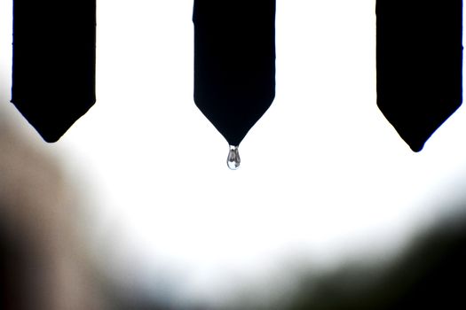 A minimalist photo showcasing a single water droplet poised on a sharp blade edge against a blurred background.