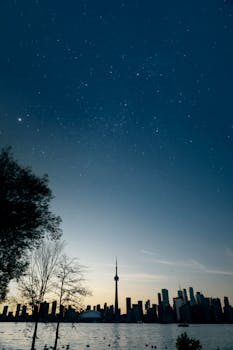 在星光熠熠的夜空下，可以欣赏到多伦多天际线的壮丽景色，捕捉到加拿大国家电视塔和安大略湖