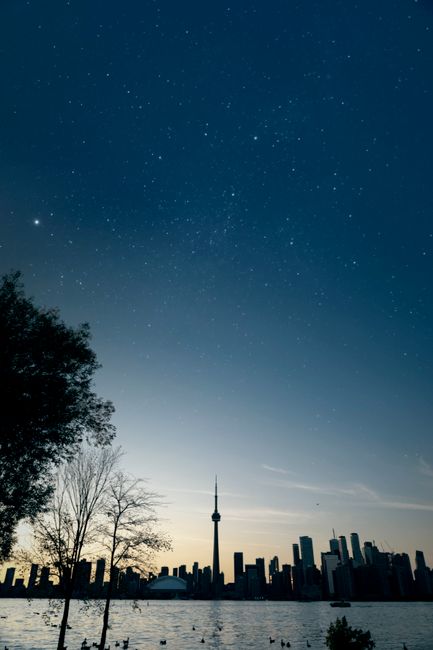 A stunning view of Toronto's skyline under a starry night sky, capturing the CN Tower and Lake Ontario.