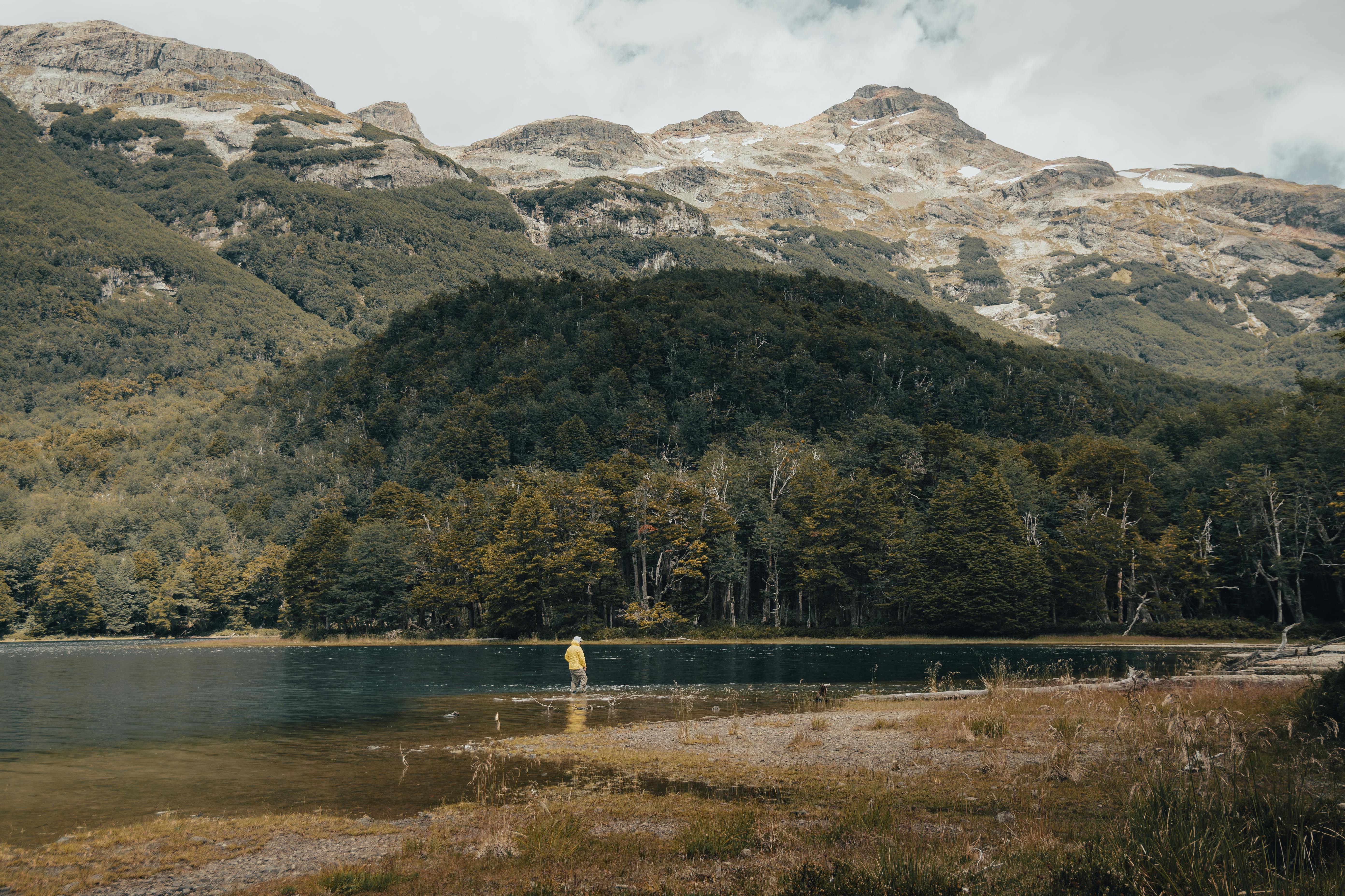 A person in a yellow jacket fishing by a river in a mountainous forest landscape.