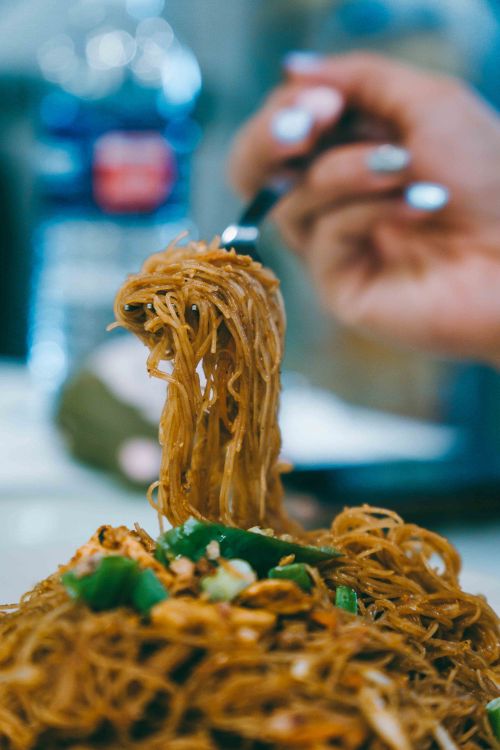 Free Close-up of a hand with painted nails twirling stir-fried noodles on a fork in Kuala Lumpur. Stock Photo