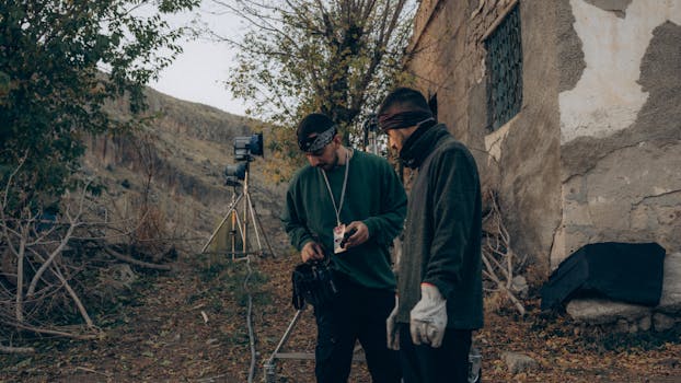 Two men prepare film equipment near an old building, capturing the rustic outdoor setting.