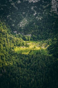 Breathtaking aerial view of a verdant forest valley surrounded by majestic mountains, showcasing nature's beauty.