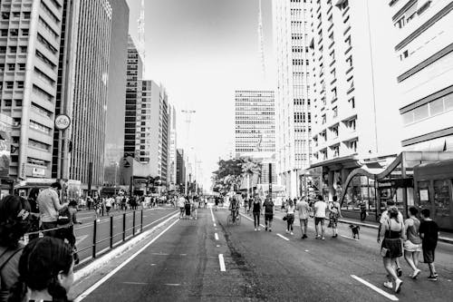People Walking Among Skyscrapers in Black and White 
