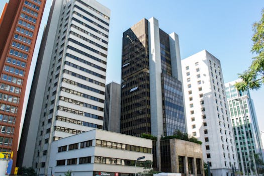 A diverse range of skyscrapers in a bustling downtown Sao Paulo district.