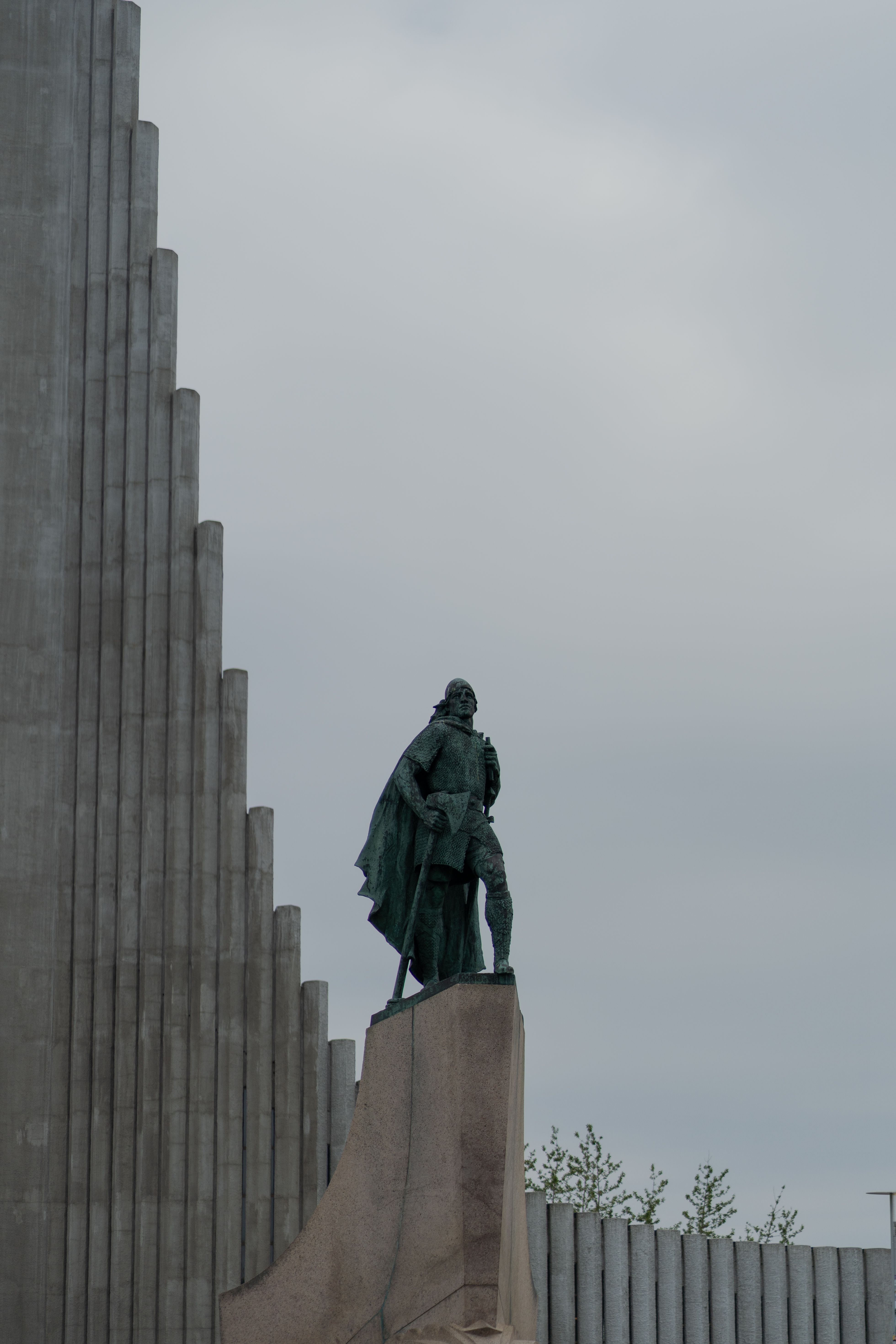Iconic Leif Erikson statue against Hallgrímskirkja church in Reykjavik, Iceland.