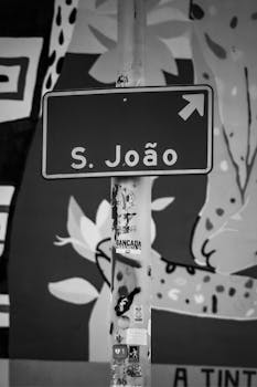 Monochrome street sign with urban art background in Sao Paulo.