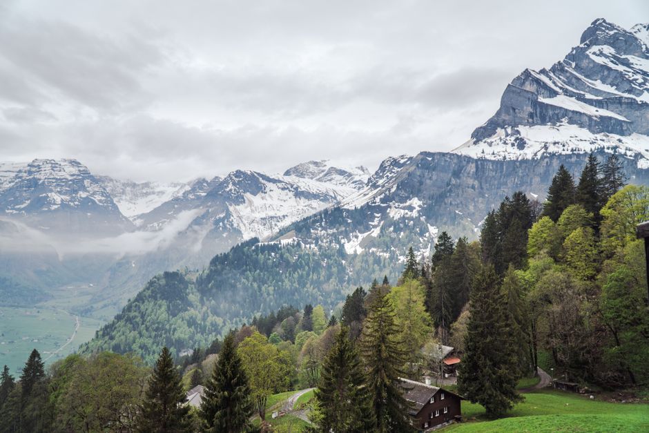 Tranquil snowy alpine mountain range with picturesque forest and clear sky.