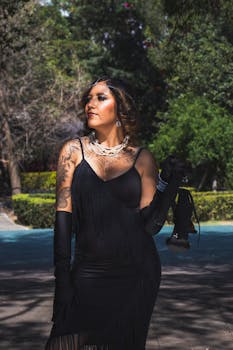 Elegant woman in black dress with tattoos posing in an outdoor setting, showcasing fashion and style.