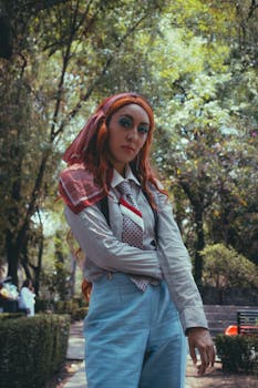 A fashionable redhead woman poses confidently in an urban park setting, showcasing unique style.