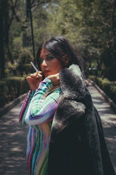 Glamorous woman in a colorful dress with a fur coat, posing in an outdoor park.