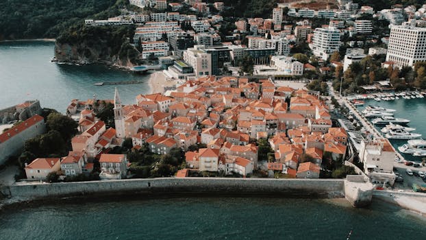 Stunning aerial view of Budva Old Town with its historic architecture and seaside charm.