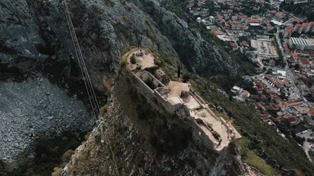 Stunning aerial view of a historic castle in Kotor, Montenegro overlooking the city and mountains.