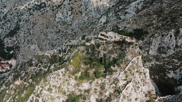 Stunning aerial view of ancient fortress and rugged landscape in Kotor, Montenegro.