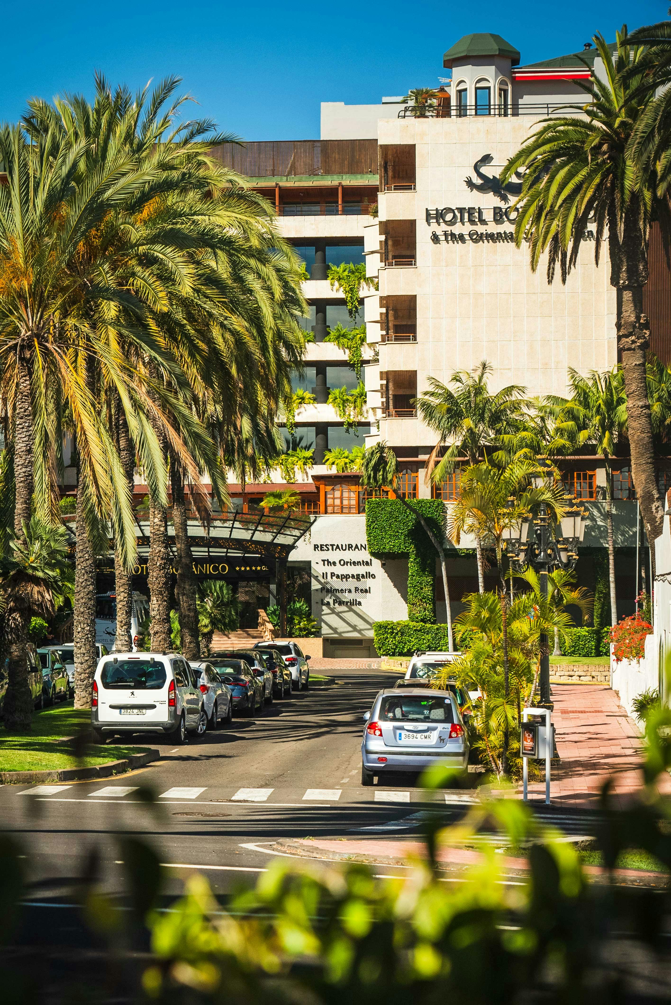 large hotel building by street with parked cars and palm trees