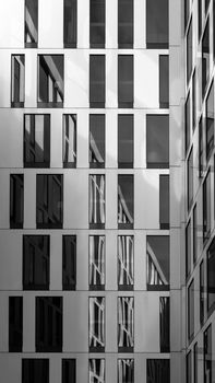 Black and white geometric facade of a modern building in Hamburg, Germany.