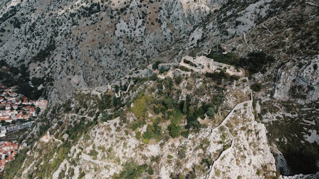 Breathtaking aerial view of the historic Kotor Castle amidst the mountainous landscape of Montenegro.