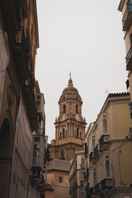Free Explore a stunning view of the Malaga Cathedral tower framed by historic buildings, capturing urban beauty. Stock Photo