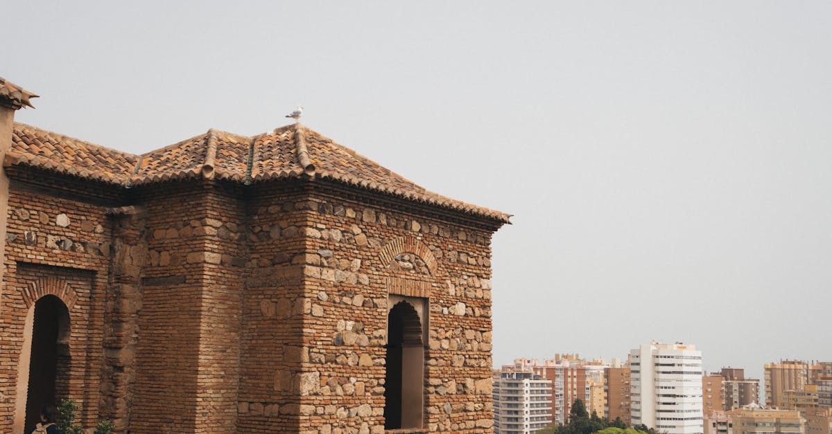 Ancient Alcazaba fortress with cityscape backdrop under clear sky in Malaga, Spain.