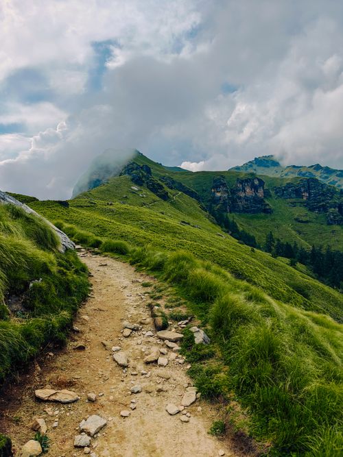 Free Explore this serene mountain trail surrounded by lush greenery and dramatic clouds. Stock Photo