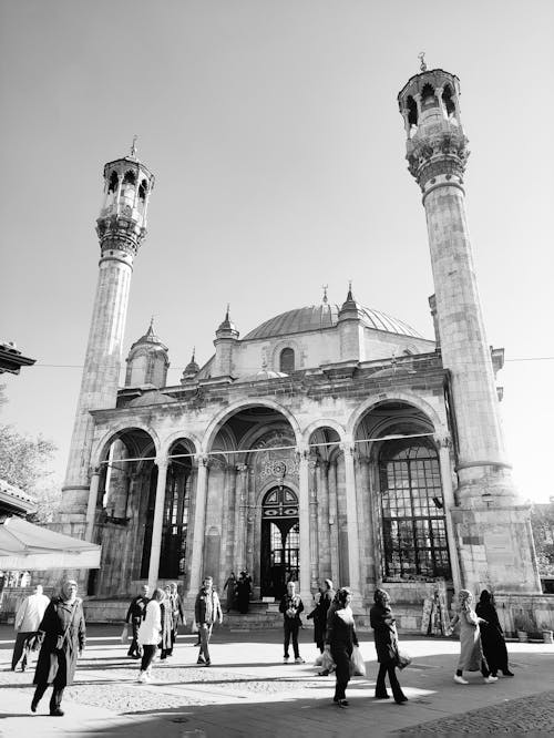 A black and white photo of a mosque