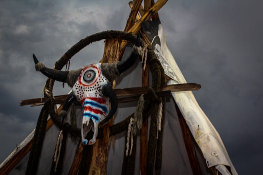 Traditionally painted bull skull on a wooden frame against a stormy sky in Durango, Mexico.