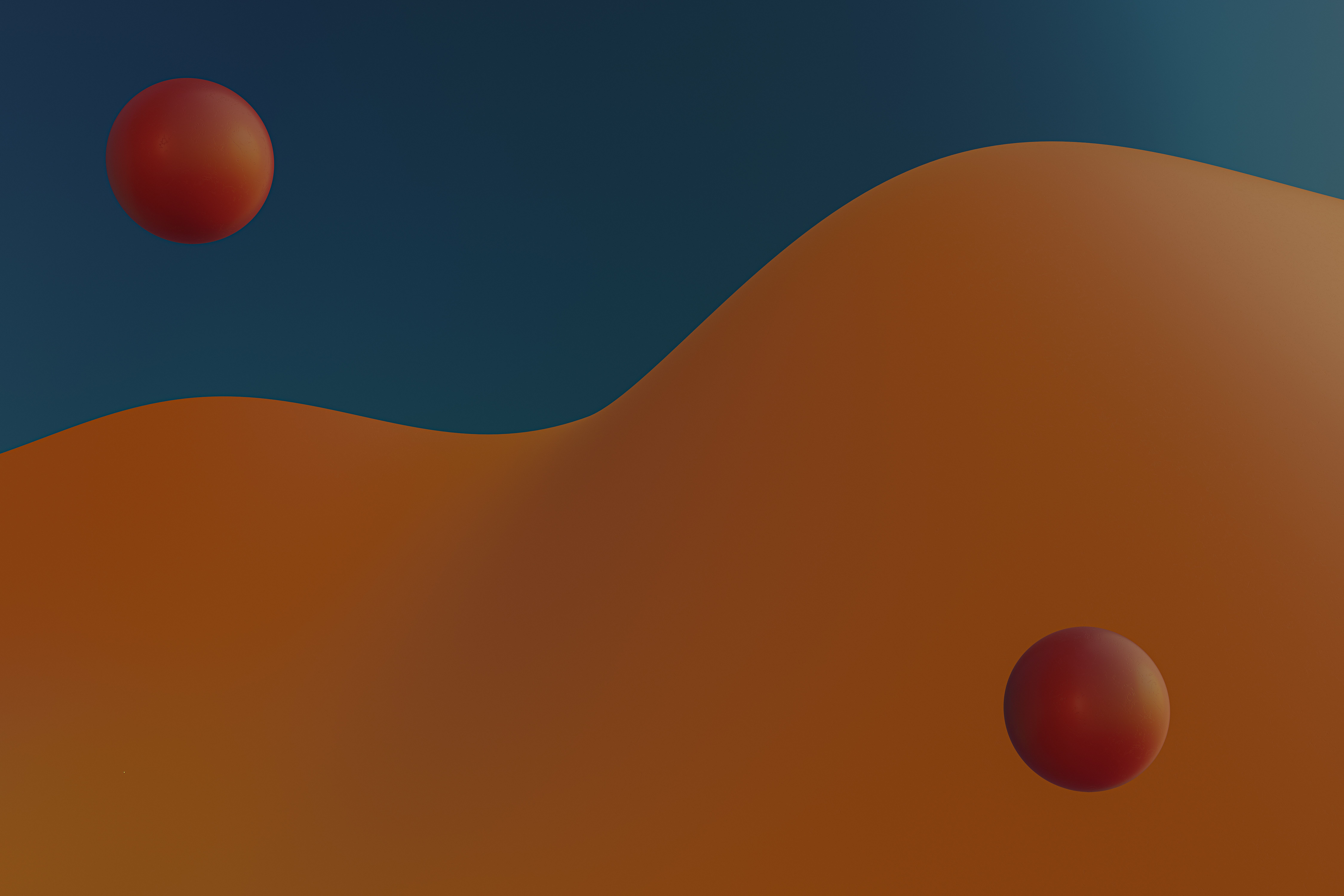 Abstract art with orange waves and red spheres against a blue background creates a modern and dynamic visual.