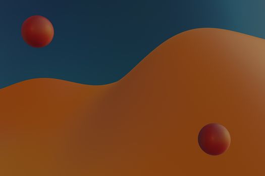 Abstract art with orange waves and red spheres against a blue background creates a modern and dynamic visual.