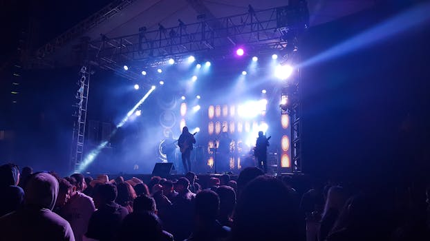 Crowd enjoying a live band performance at a night music festival with colorful stage lights.