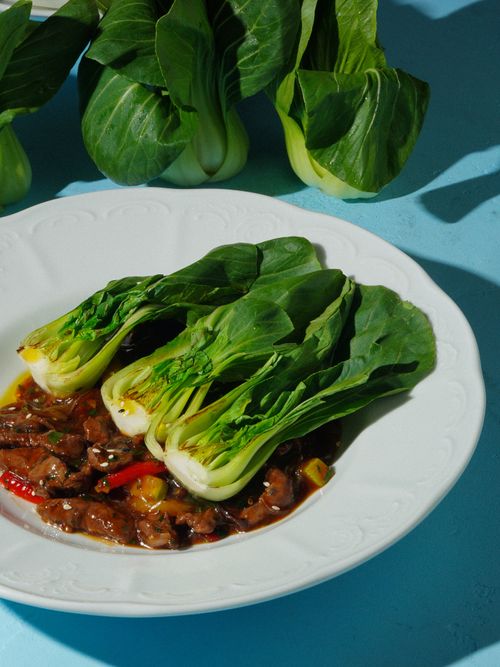 Free Close-up of savory beef and fresh bok choy on a white plate, perfect for food photography. Stock Photo