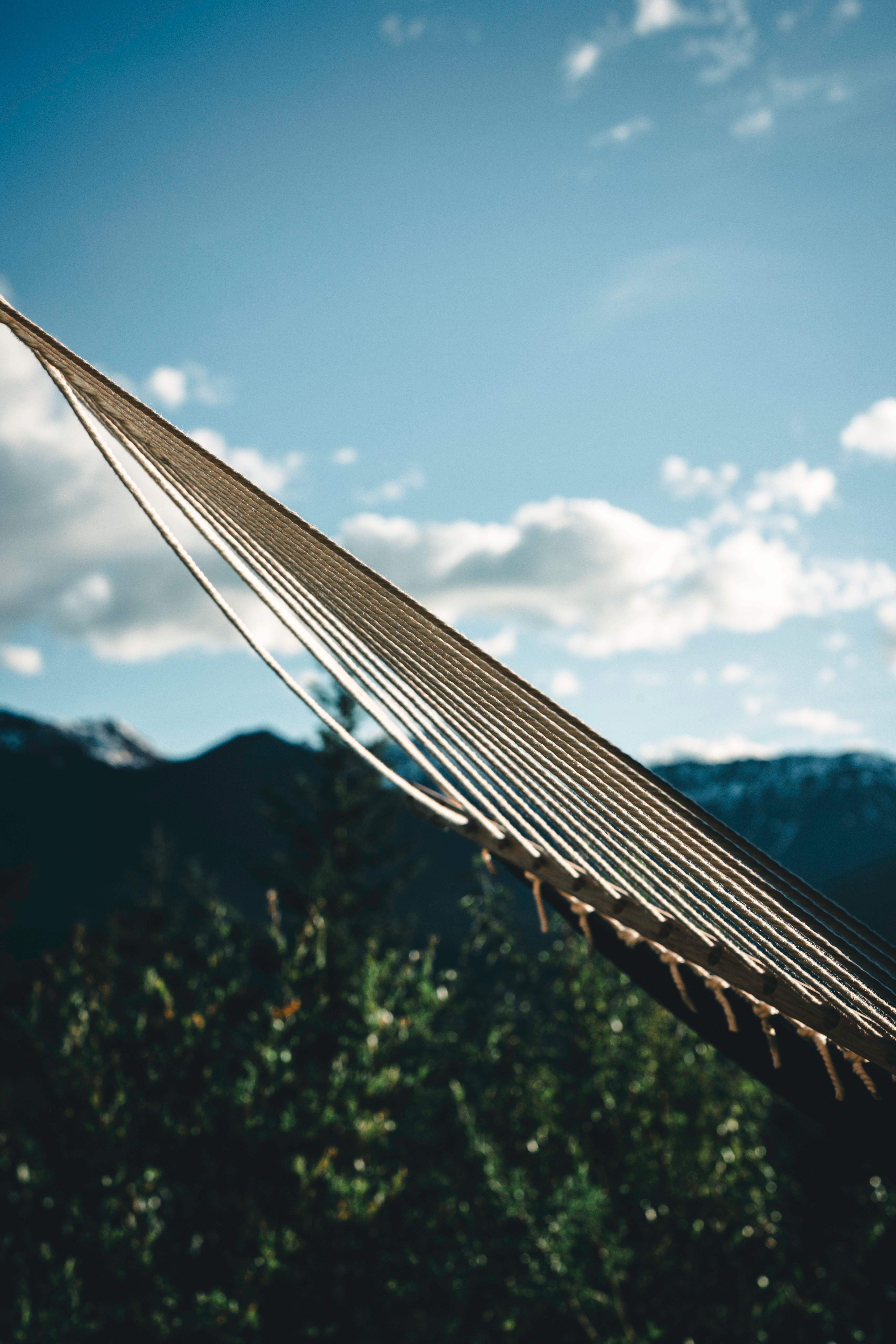 A peaceful hammock sways against a backdrop of Canadian mountains and blue skies.