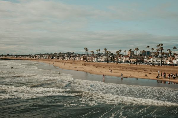 Stunning aerial view of a lively beachfront with palm trees and cityscape