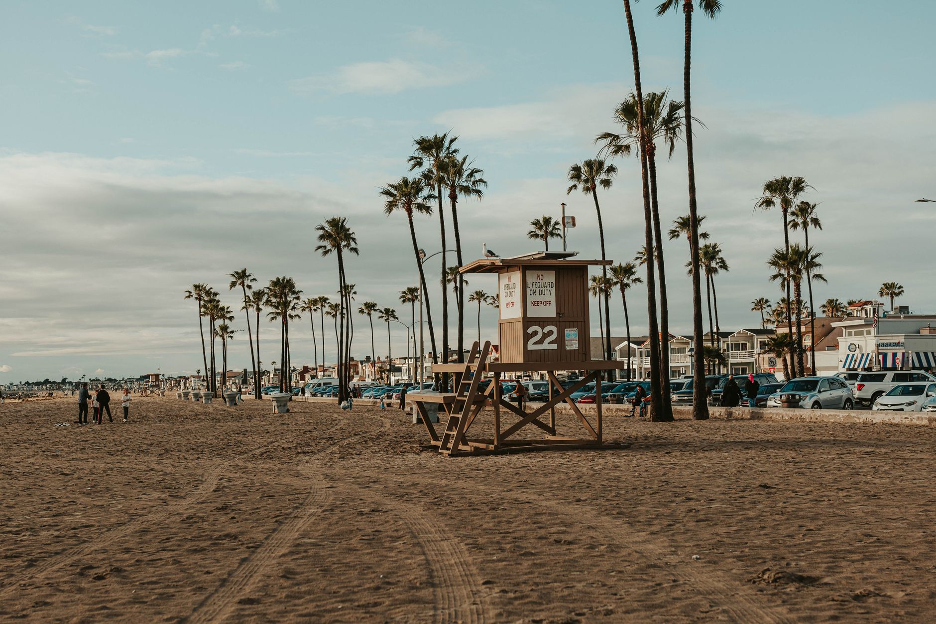 Tranquil beach scene with a lifeguard tower and iconic palm trees under a blue sky.