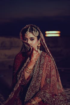 A graceful Indian bride poses under a twilight sky in traditional attire, adorned with jewelry and henna.