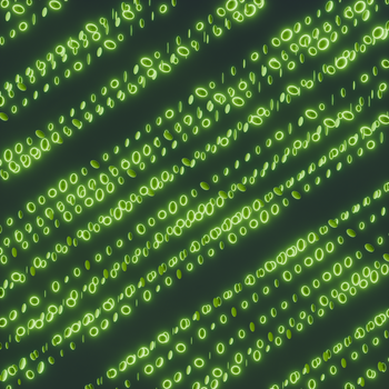 Diagonal green binary code lines creating a digital matrix effect on a dark background.