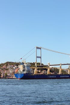 View of COSCO Shipping container ship under Bosporus Bridge with clear sky in Istanbul.