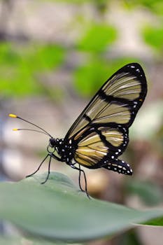 Close-up of a Glasswing butterfly with transparent wings on a leaf, showcasing nature's beauty.