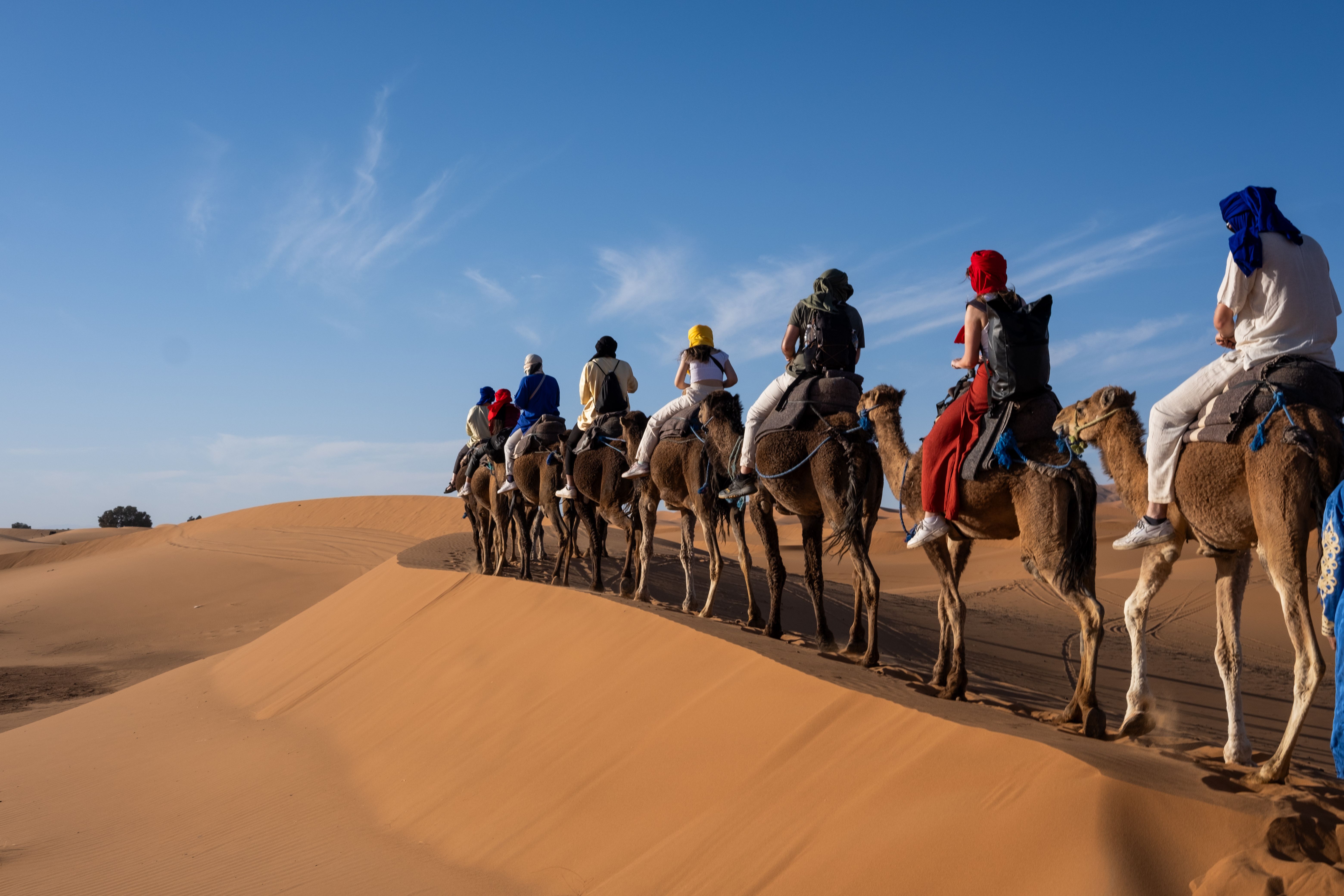 A group rides camels across sandy desert dunes under clear blue sky.