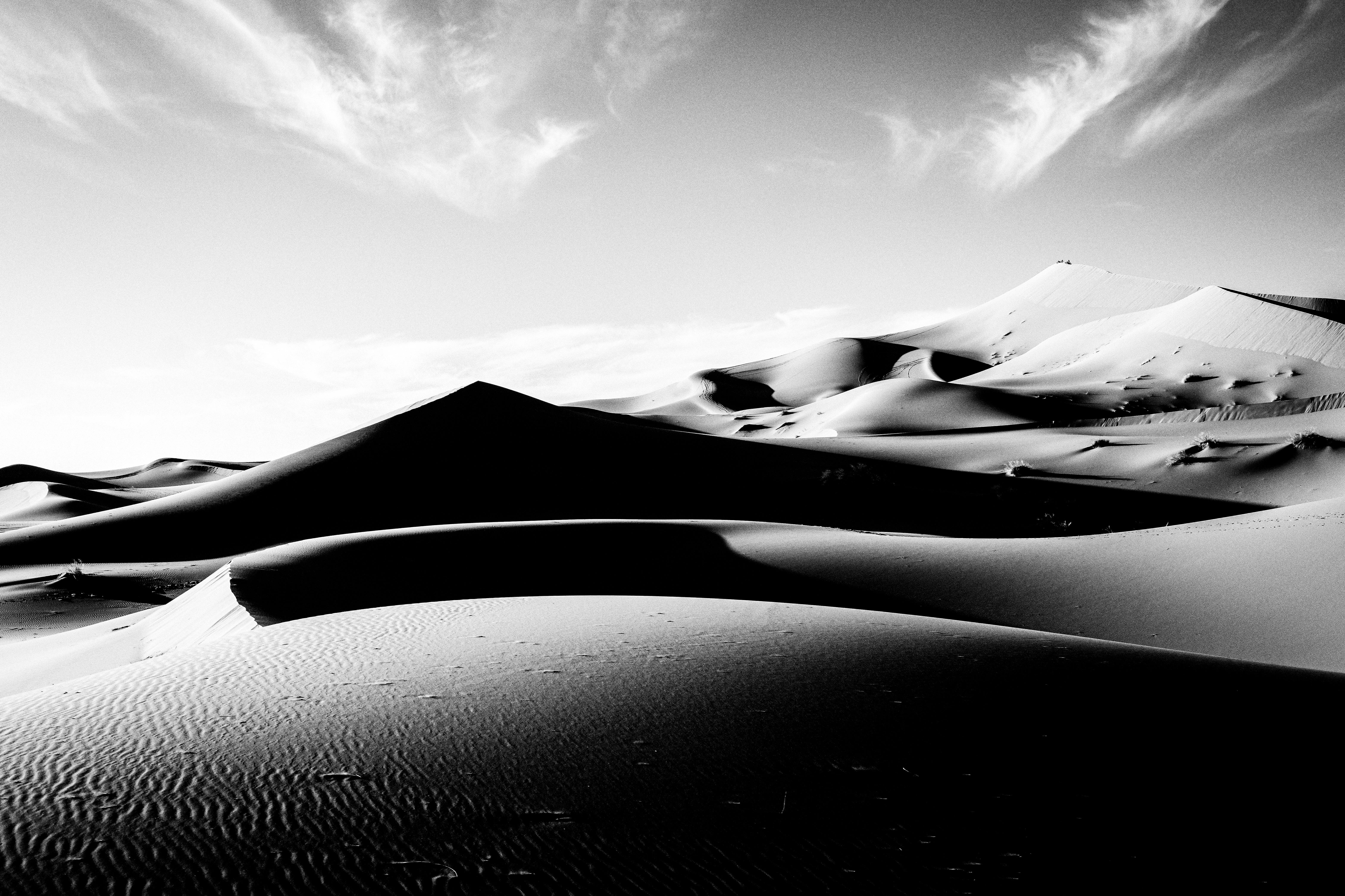 Majestic black and white sand dunes under a dramatic sky, showcasing nature's textures.