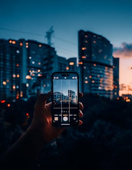 Hand holding smartphone capturing urban skyscrapers during twilight.