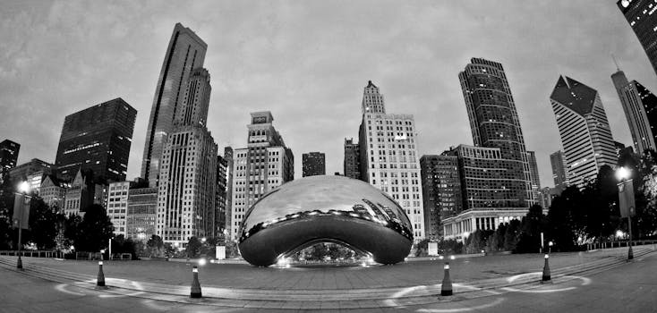 Black and white view of Chicago's skyline featuring the iconic Cloud Gate in Millennium Park.