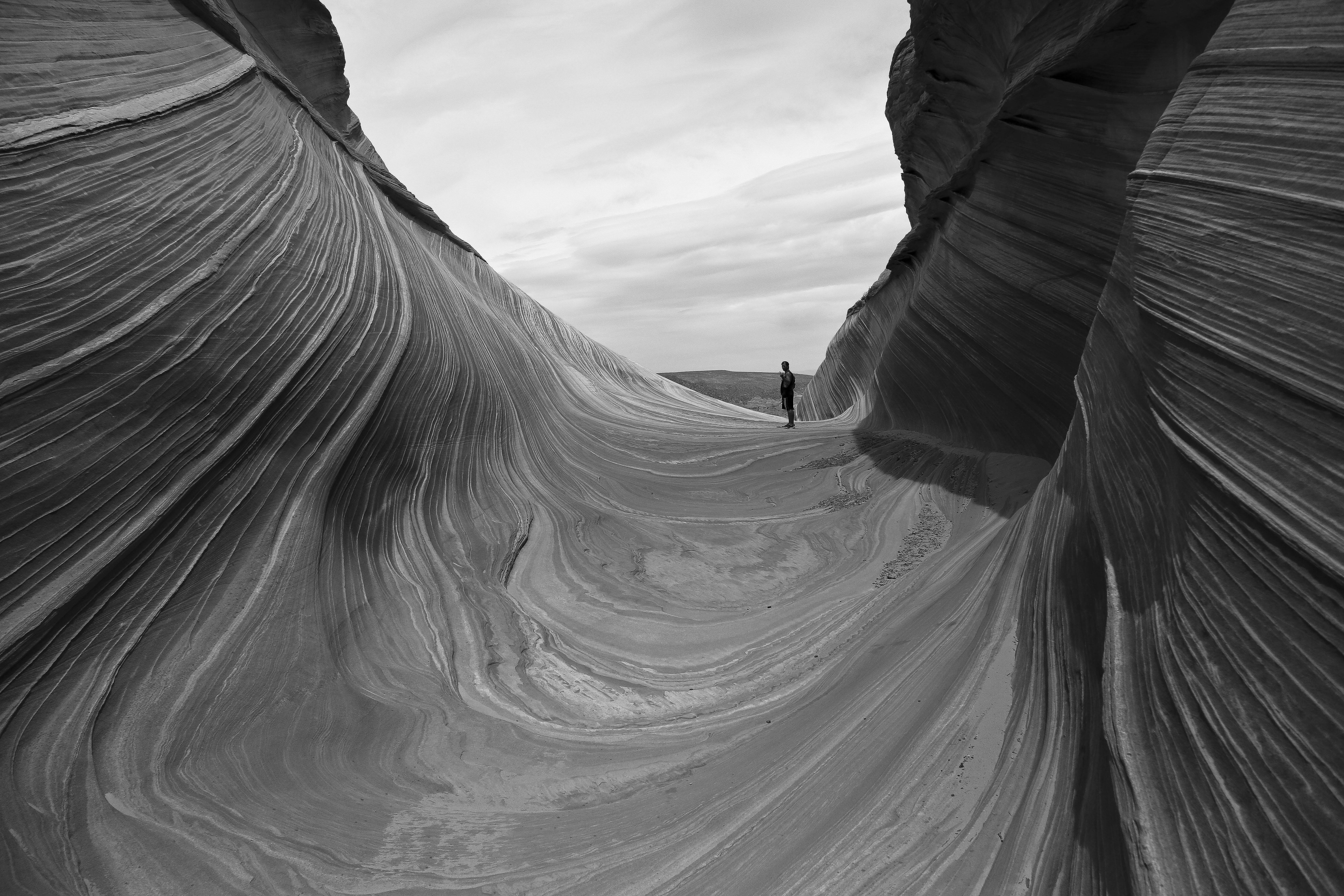Stunning black and white photo of The Wave formation with a lone figure.