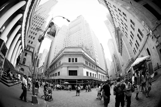 Black and white fisheye lens view of a bustling New York City street scene.