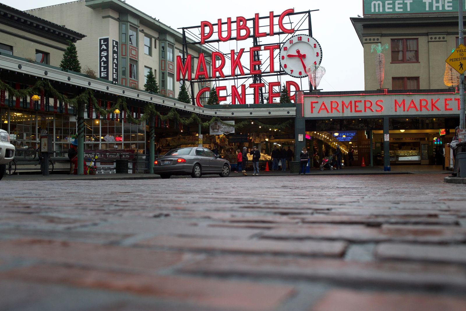 Pike Place Market in Seattle decorated for the holiday season