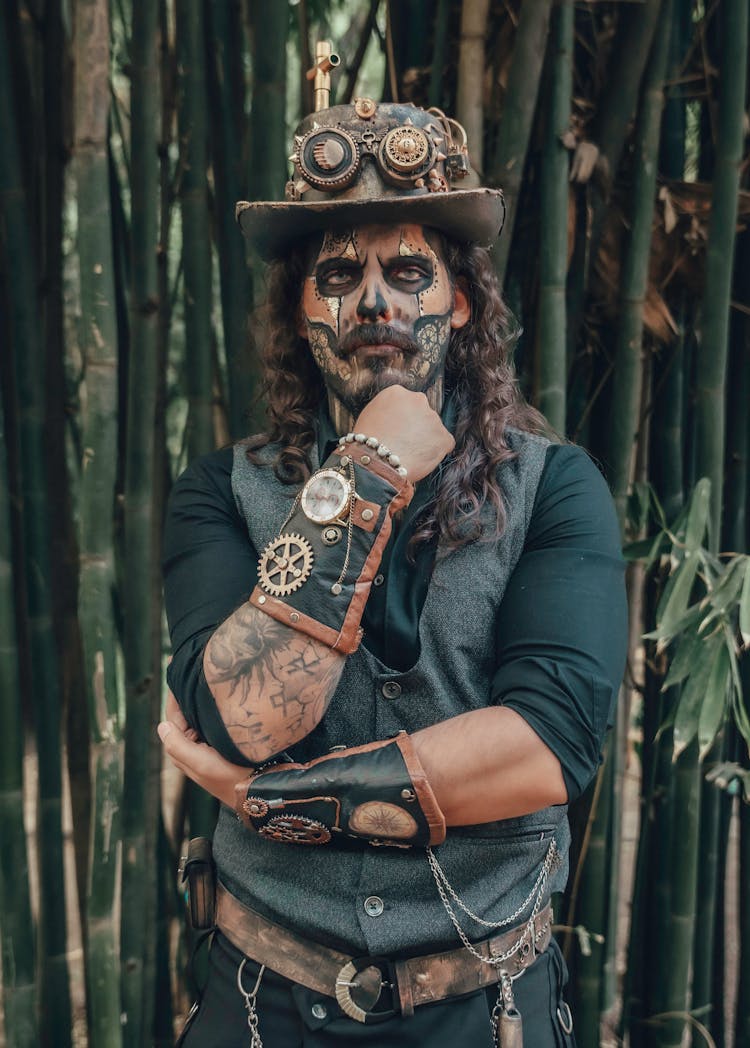 Man In Hat, Shirt And Costume Makeup