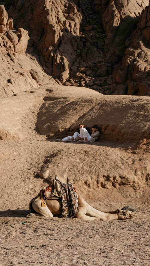 Free A serene desert scene featuring a camel resting with a person nearby, amidst the rocky terrains. Stock Photo
