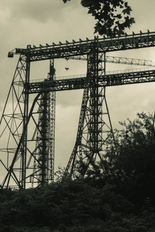 Free Black and white image of industrial cranes surrounded by lush foliage in Sarajevo, Bosnia and Herzegovina. Stock Photo