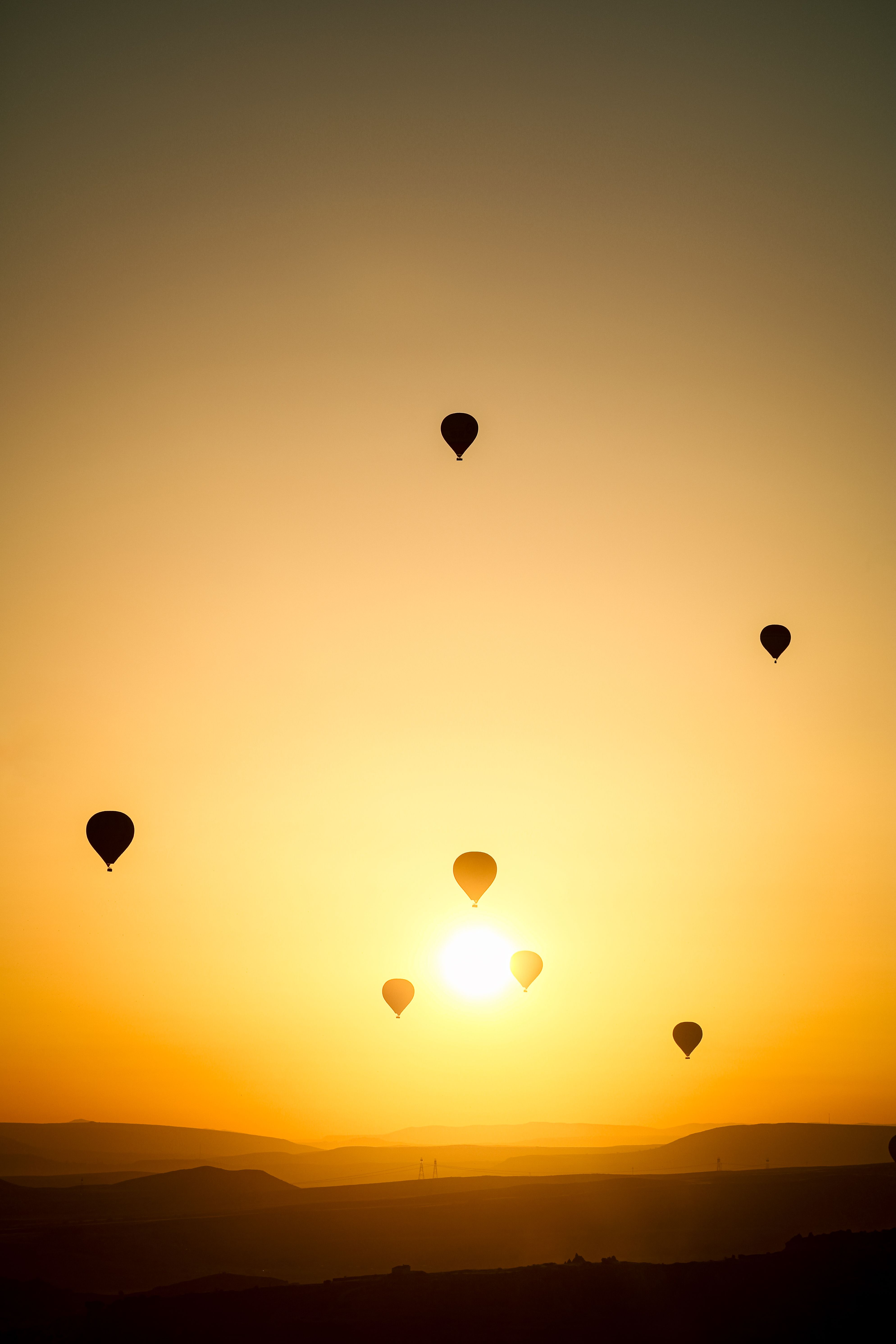 Silhouetted Hot Air Balloons Flying at Sunset · Free Stock Photo