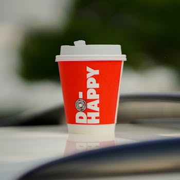 Disposable coffee cup with 'Do Happy' text on the lid, outdoors.